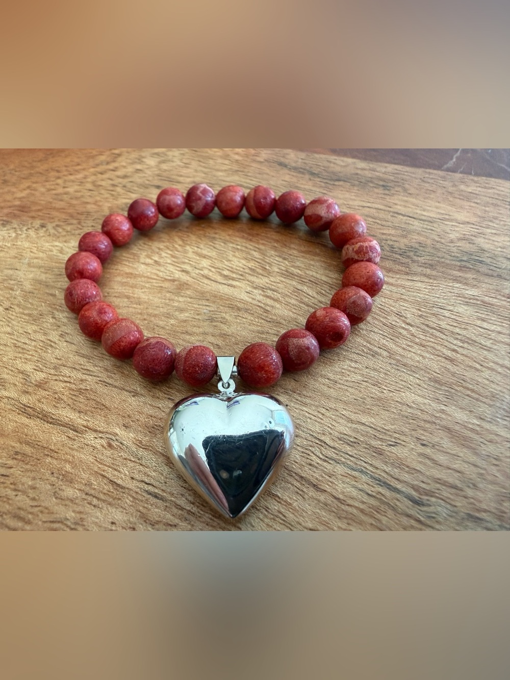 Lee Sands Red Coral Beaded With Sterling Silver Puffy Heart Elastic Bracelet